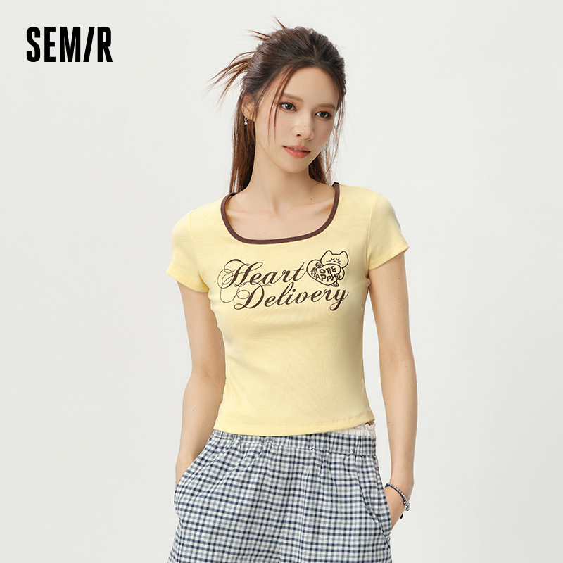 T-shirt Femme Color Block Col Carré Court Décontracté Tendance Été 2026 Chic Confort Quotidien