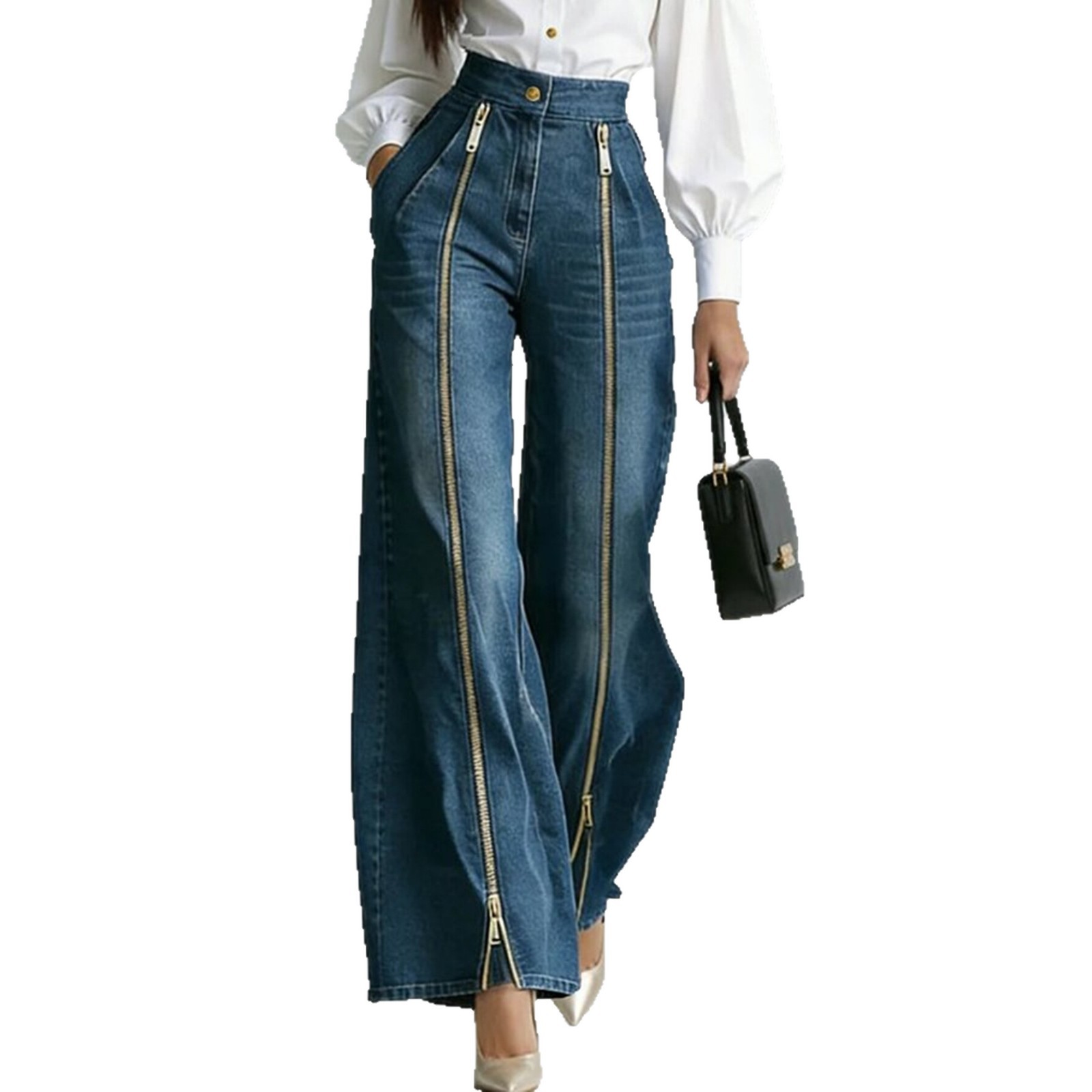 Jean décontracté pour femme à taille haute, coupe large, avec fermeture éclair décorative et poches obliques, élégant et ample en denim