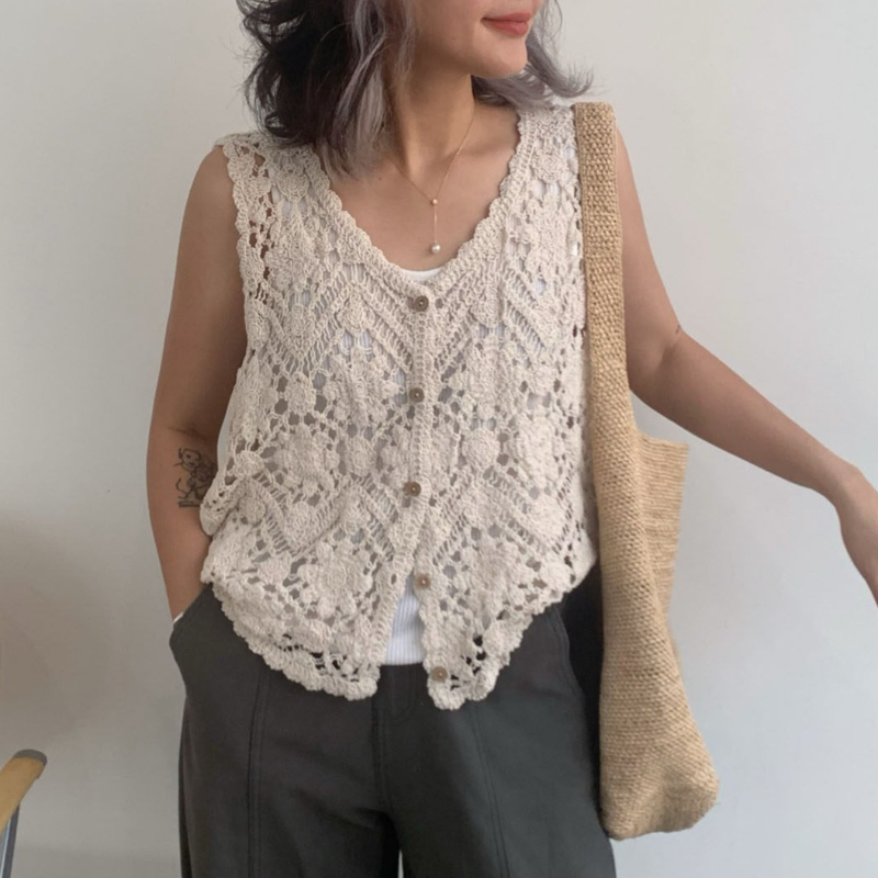 Gilet en crochet floral brodé pour femme, cardigan sans manches ajouré en maille ouverte, tenue bohème pour festival d'été