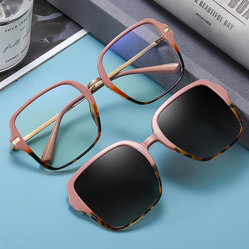 Lunettes de soleil carrées magnétiques roses 2 en 1, polarisées, tendance, pour dames, grand Clip, Anti-lumière bleue, transparentes