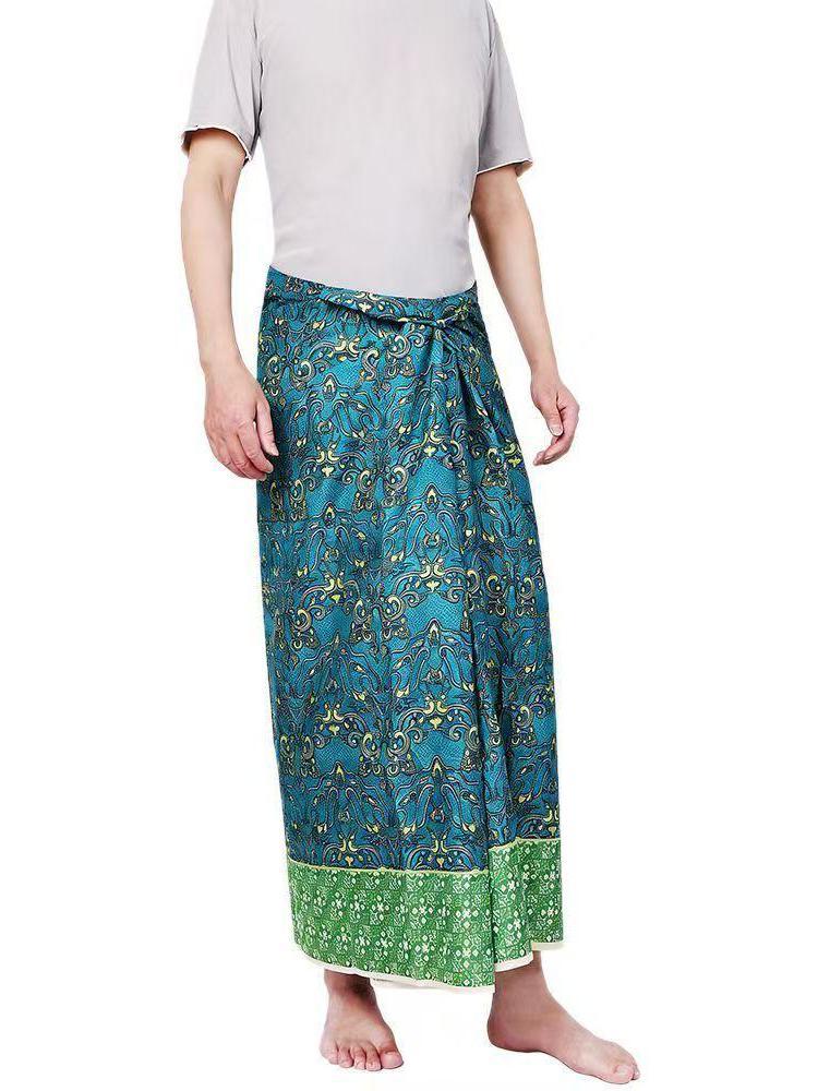 Sarong unisexe Longyi Lungi Batik, jupe portefeuille à imprimé floral d'Asie du Sud-Est, pour l'été, la plage, les vacances décontractées, bleu sarcelle avec bordure dorée, style thaïlandais.
