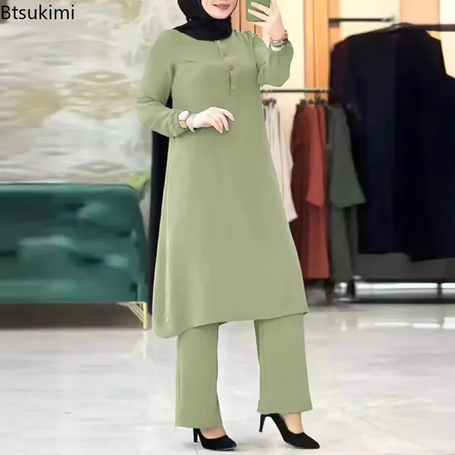 Chemisier arabe pour femmes musulmanes, ensembles assortis, survêtement élégant pour femmes, chemise unie décontractée + pantalon à jambes larges, costume, vêtements modestes