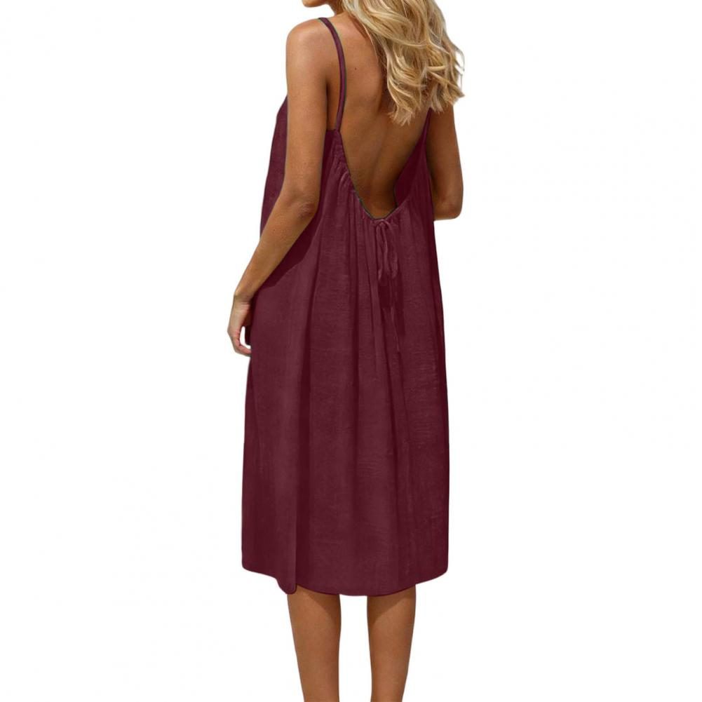 Robe décontractée sans dos pour femme, robe d'été sans manches, robe de plage à bretelles spaghetti, robe ample et fluide avec lien au dos