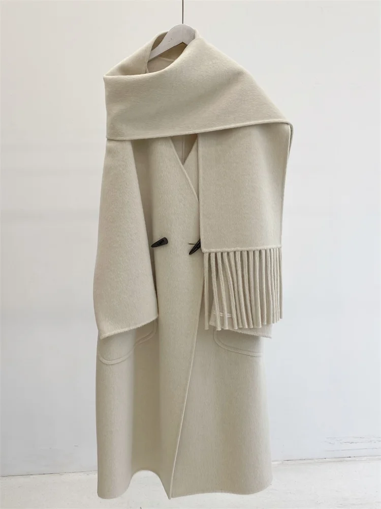 Manteau en laine à col en V pour femme, pardessus femme mi-long, écharpe double face, cachemire chaud, mode coréenne, automne, hiver, nouveau
