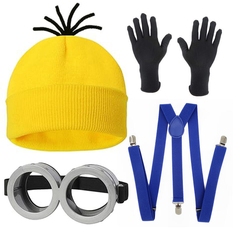 Ensemble de costumes de cosplay pour femmes, mignon, jaune et bleu, 5 pièces avec chapeau en tricot, jupe tutu, bretelles, gants pour Halloween, fête de carnaval