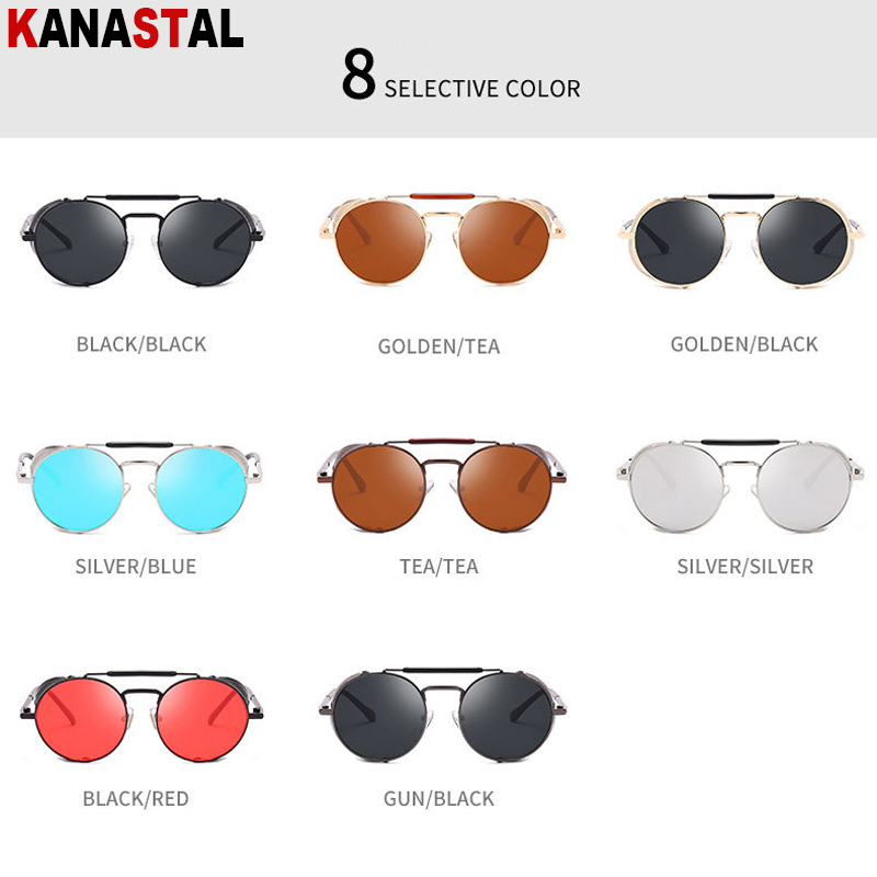 Lunettes de soleil rondes rétro Steampunk pour hommes et femmes, protection latérale UV, monture métallique, lentille miroir gothique, à la mode