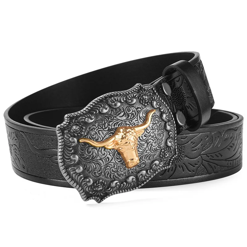 Ceinture de cowboy western pour homme, en similicuir noir avec motif gaufré, boucle en alliage élégante, ceinture de taille tendance pour un usage quotidien