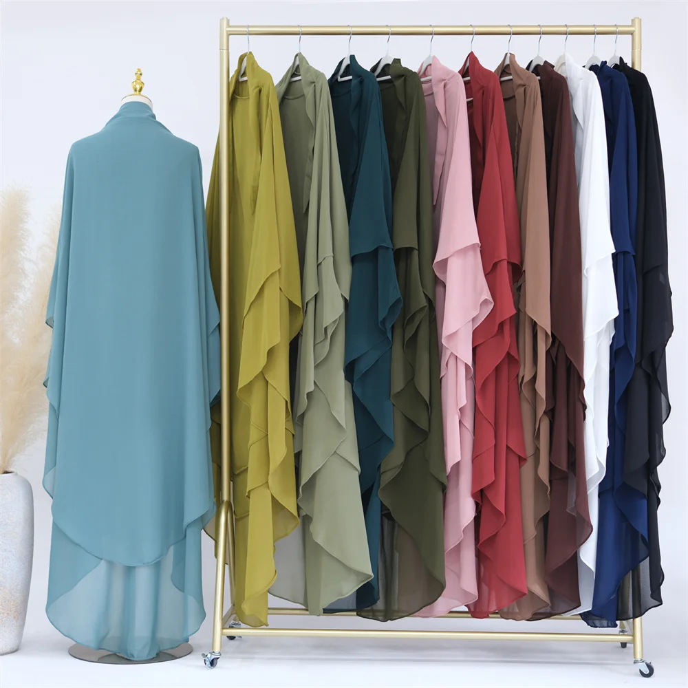 Robe en mousseline de soie à deux couches pour femmes musulmanes, vêtements islamiques extra longs, tiens imar Niqab, Eid Ramadan, vêtement de prière, robe aérienne Abaya, caftan