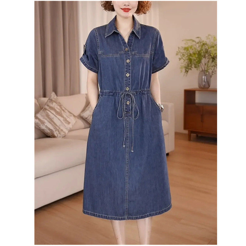 Robe en jean pour femme, nouvelle collection été 2026, à manches courtes, simple boutonnage, coupe ajustée, élégante et décontractée, avec poches
