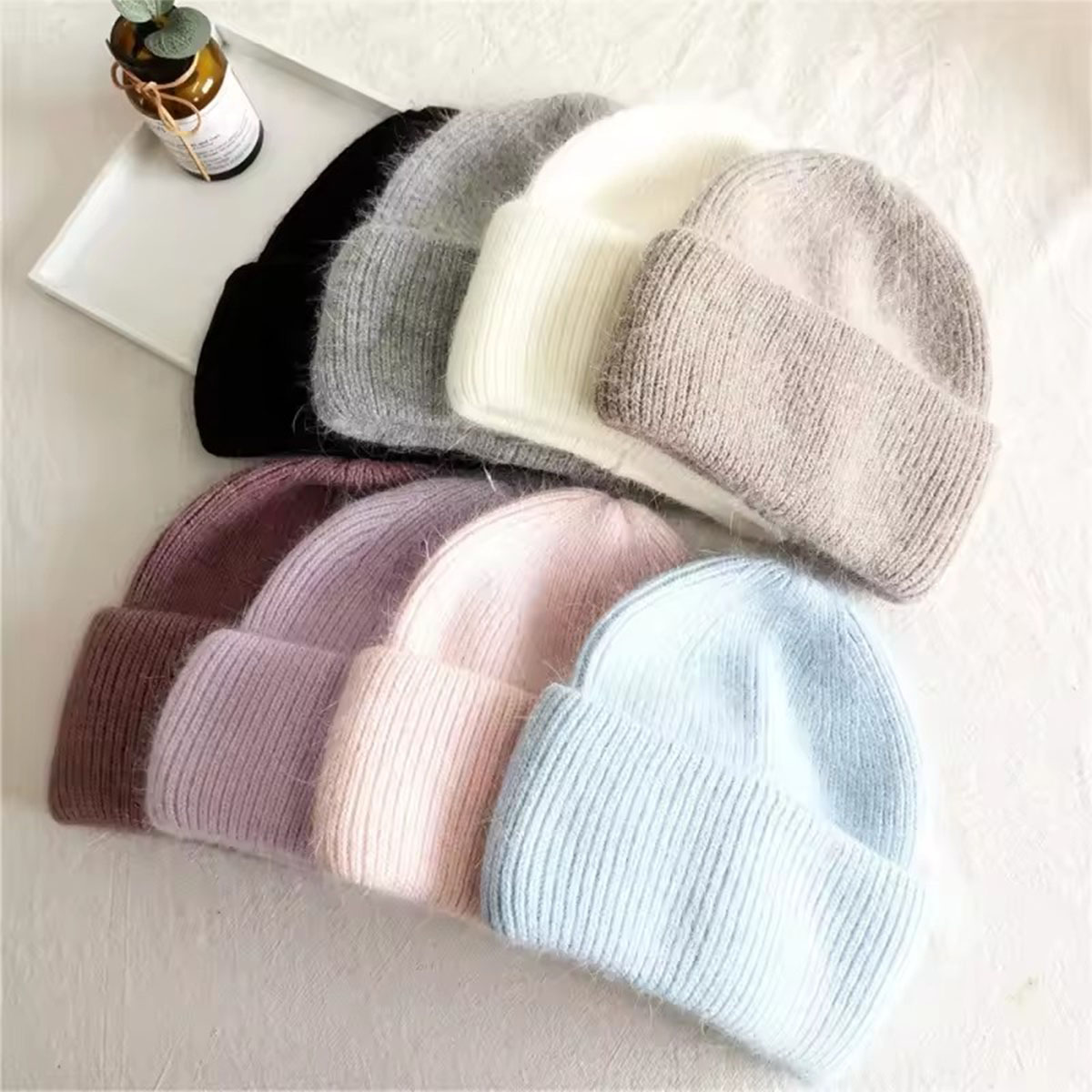 Chapeaux d'hiver pour femmes, bonnet en tricot doux, fourrure de lapin chaude, mignon, couleur unie, casquette ample, décontracté, mode extérieure, solide, couverture de tête pour adulte