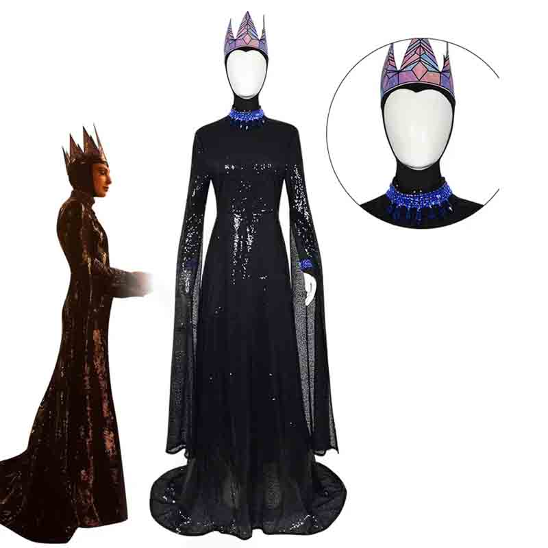 Costume de Cosplay Evil Queen Mère-épouse Blanche pour Femme, Robe Longue Noire, Couronne et Collier, Tenue d'Halloween, Déguisement de Spectacle
