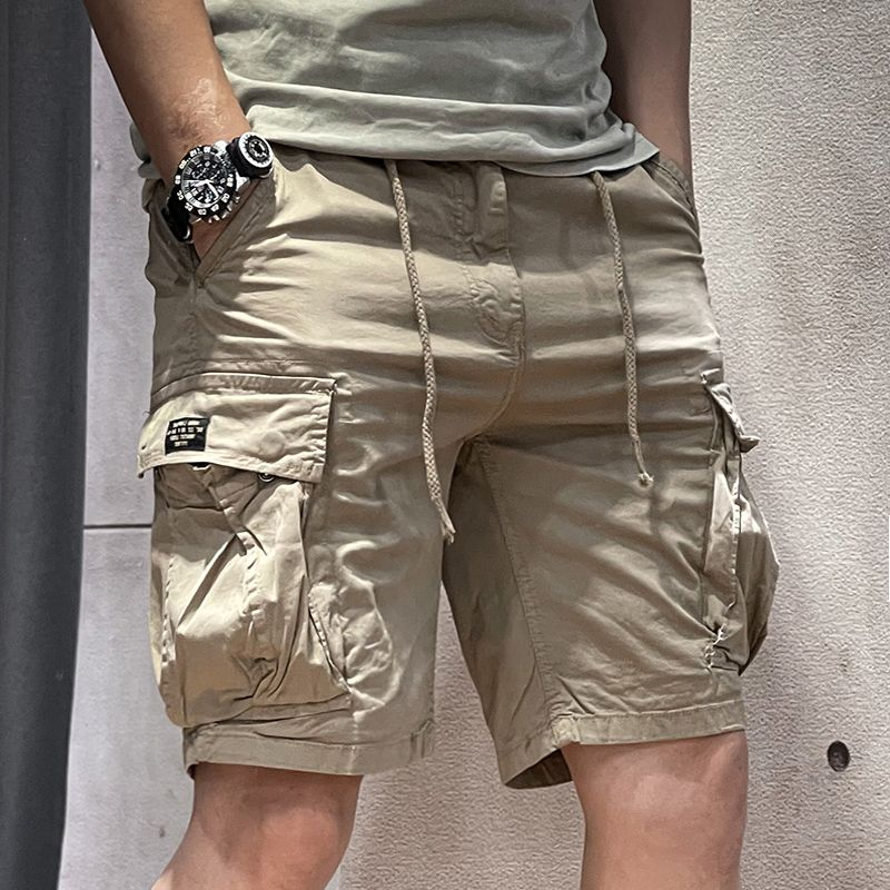 Demi-Short Cargo pour hommes, couleur unie, avec cordon de serrage, kaki, Bermuda, pantalon court, été, Style coréen, Baggy, taille élastique, Y2k