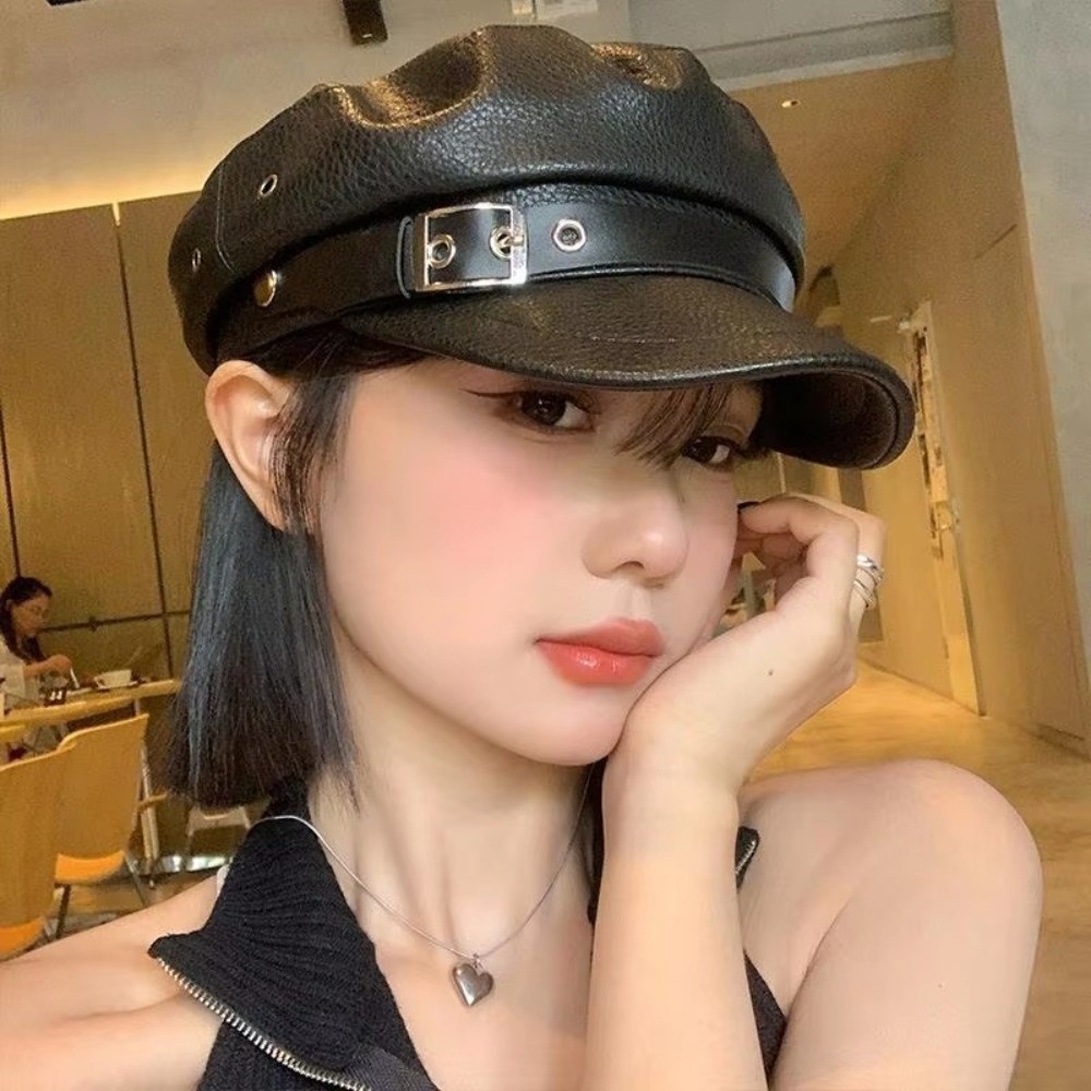 Béret rétro à dessus plat en cuir PU, visière de marin réglable, chapeau de peintre noir de Style Punk