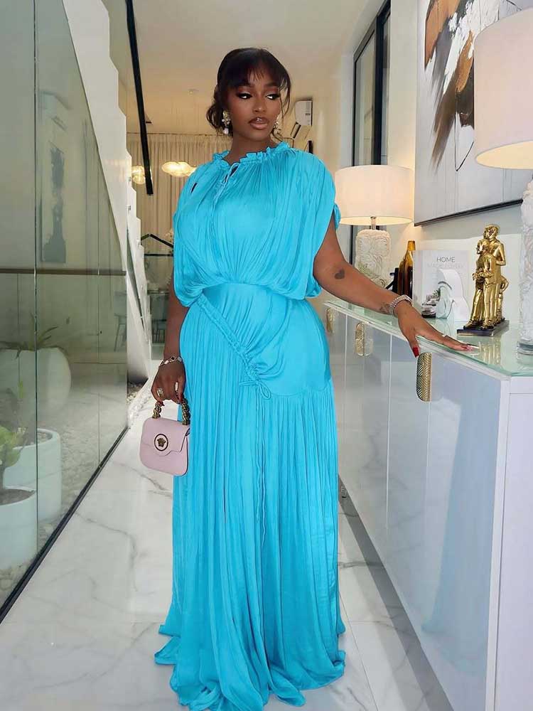 Robe longue d'été pour femme, drapée, taille haute, Chic, bleu ciel, droite, une pièce, décontractée, élégante, Maxi, pour soirée