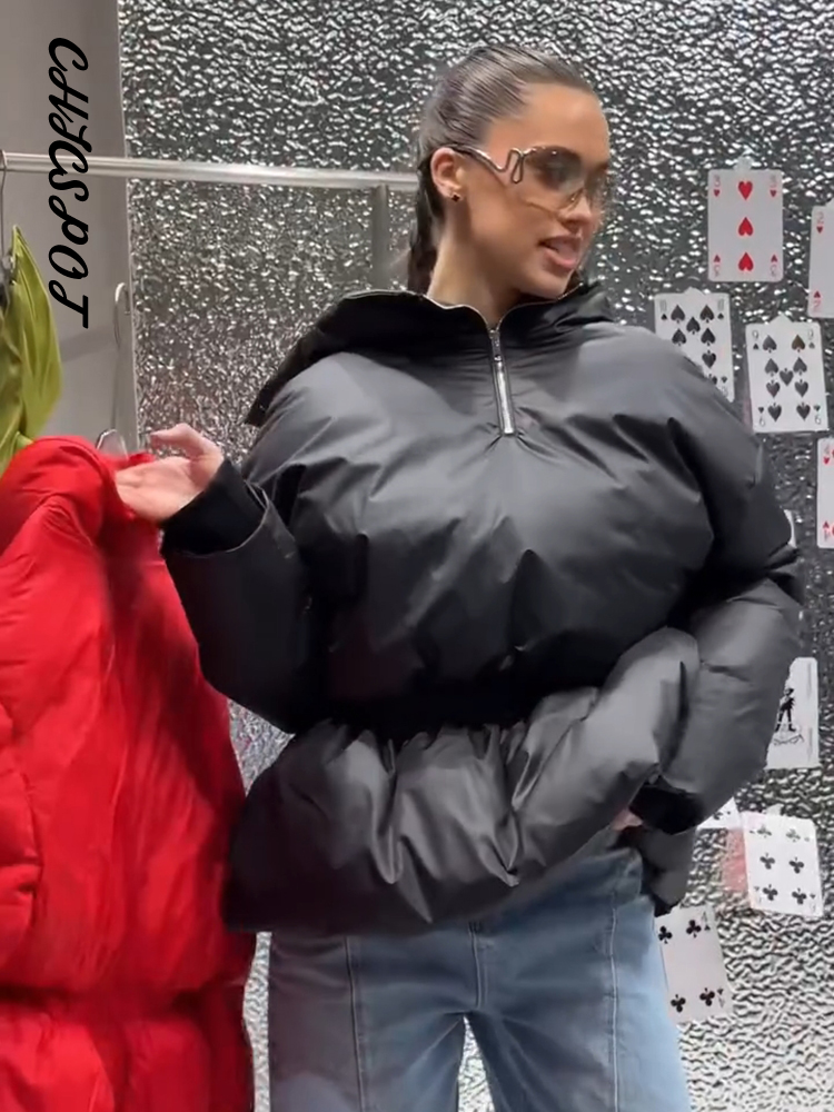 Vestes matelassées pour femmes, à capuche, col montant, fermeture éclair, manteaux courts d'hiver, manches lanternes, veste ample unie, nouvelles vêtements d'extérieur