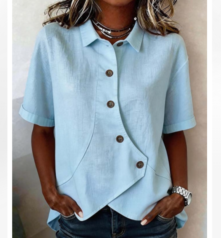 Chemisier décontracté uni et asymétrique pour femme, élégant et tendance, à manches courtes boutonnées, idéal pour les vacances et les soirées.