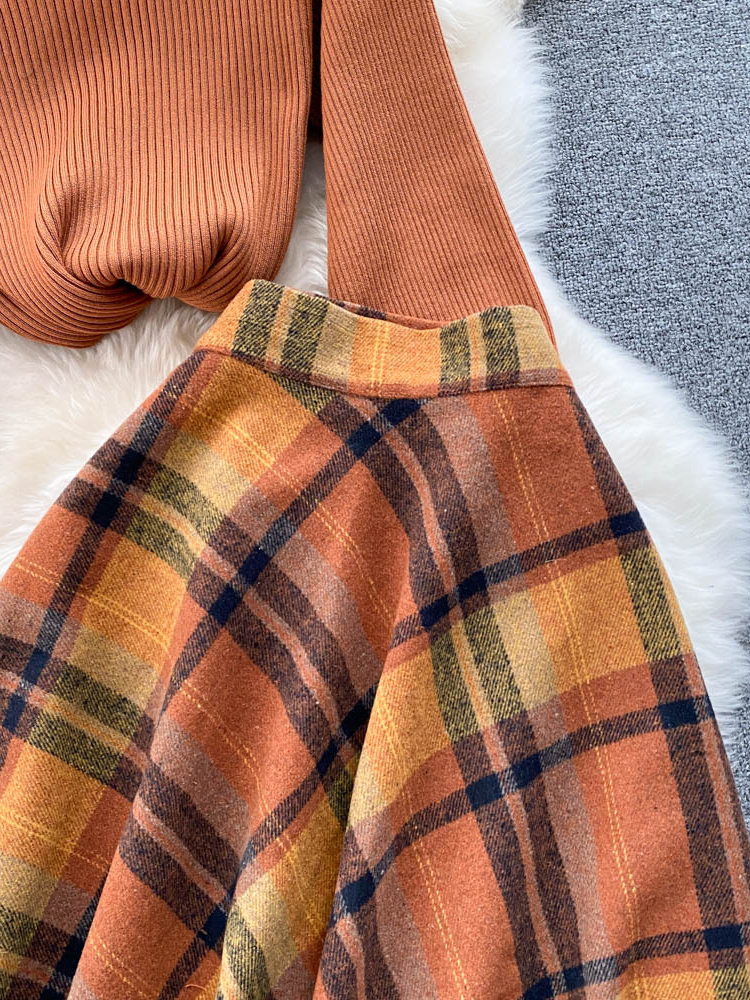 Ensemble Deux Pièces Vintage pour Femme, Pull à Manches sulf, Haut en Tricot + Jupe Longue à Carreaux Taille Haute, Costumes Élégants Orange, Automne et Hiver