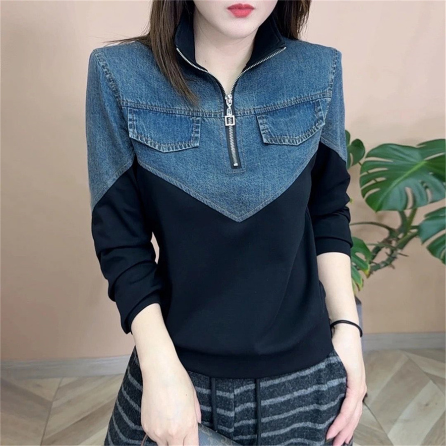 Veste femme grande taille col montant maman 2025 printemps mode nouveau décontracté fermeture éclair Denim couture fond chemise veste