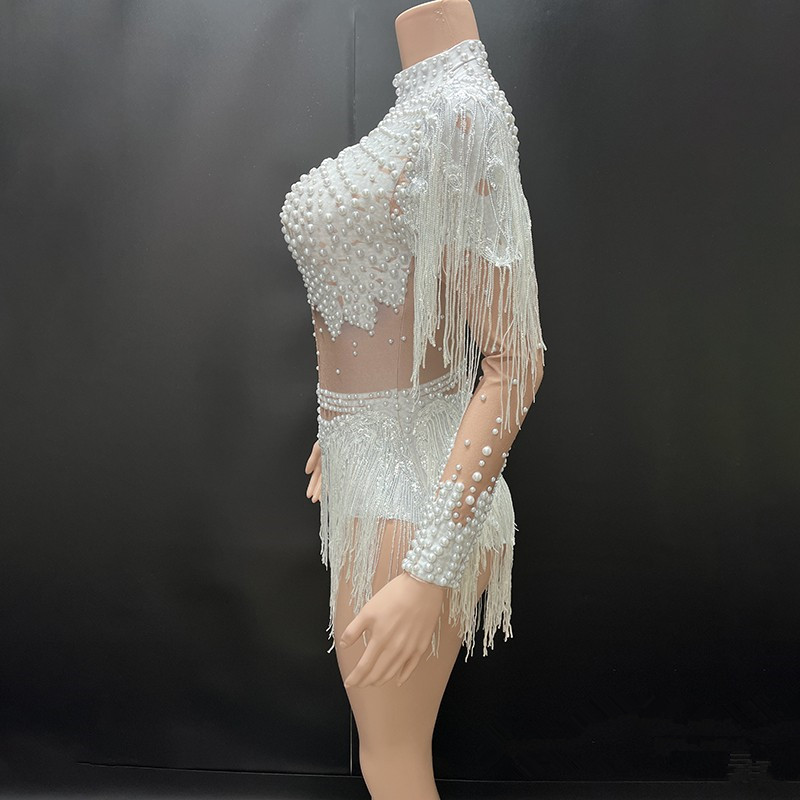 Body extensible à manches longues et col roulé pour femmes, clouté avec pompons et perles, Costumes de scène de Showgirl pour occasions spéciales, robe de danseuse