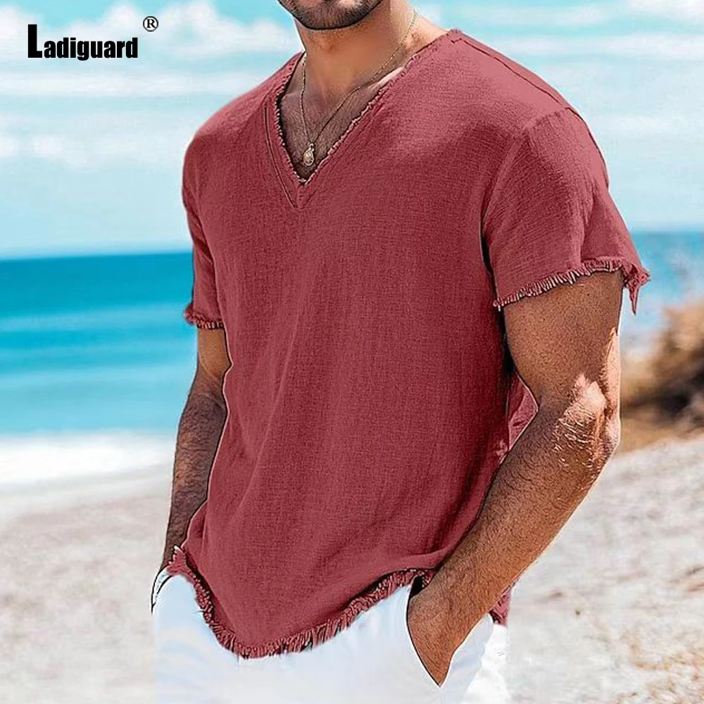 Chemises d'été rétro en coton et lin pour hommes, col en v, chemises de plage décontractées à manches courtes, hawaïennes, T-shirt personnalisé pour l'extérieur