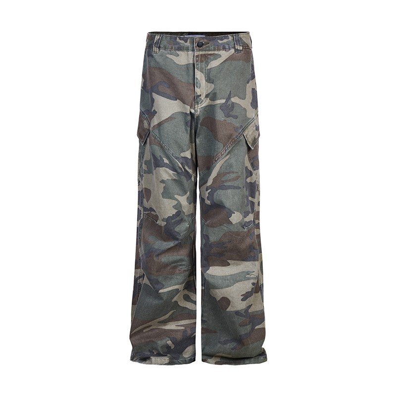 Pantalon Cargo Camouflage Rétro Unisexe, Coupe Ample Droite à Jambes Larges avec Poches Obliques, Style Urbain Décontracté, Idéal pour le Quotidien
