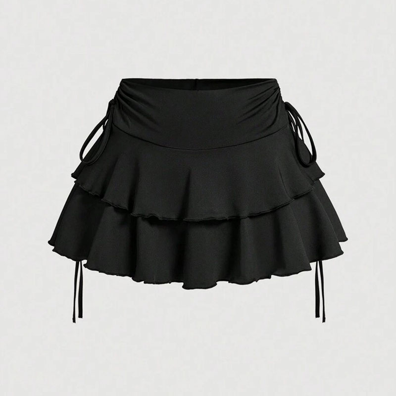 Nouvelle jupe courte d'été pour femme, polyvalente, à cordon de serrage, taille haute, coupe ajustée, élastique, style trapèze, à volants, pour le bureau