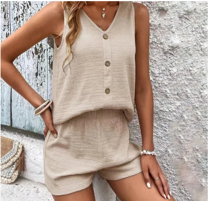 Ensemble 2 pièces pour femmes, gilet et short décontracté, col en V, boutons, taille haute, jambes larges, vêtements pour femmes, nouvelle collection été