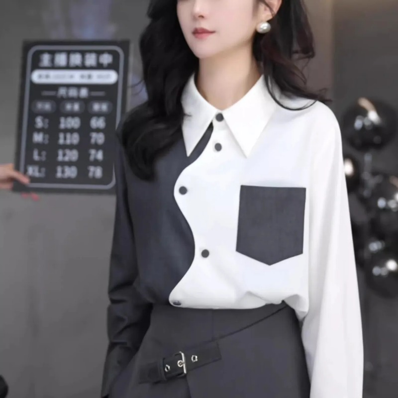 Chemise d'épissure de couleur contrastée irrégulière pour femmes, nouveau Style de printemps, mode coréenne, Style étranger, tempérament polyvalent