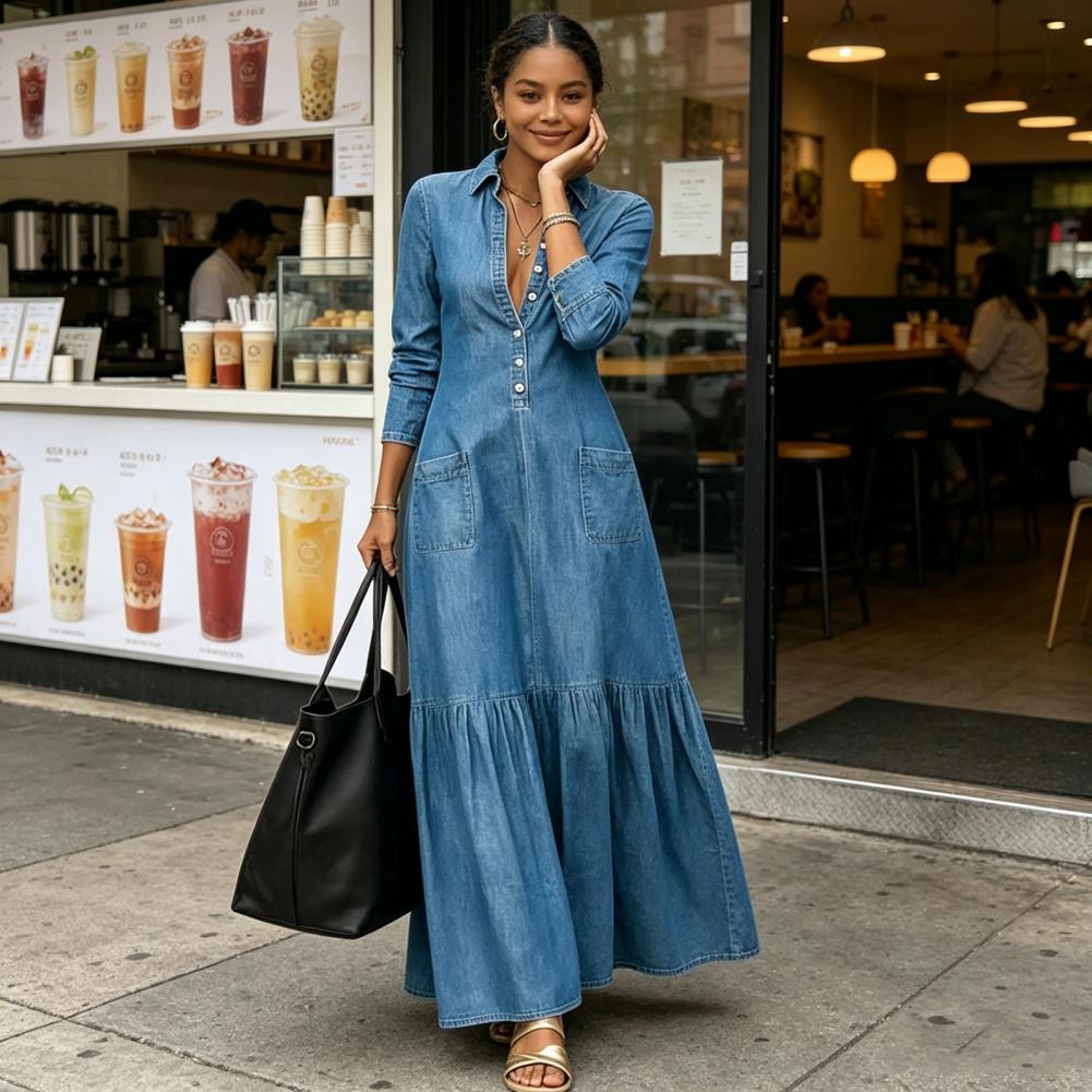 Robe en jean ample pour femme, maxi, boutonnée, avec poches, manches longues, col à revers, col en V, coupe trapèze fluide