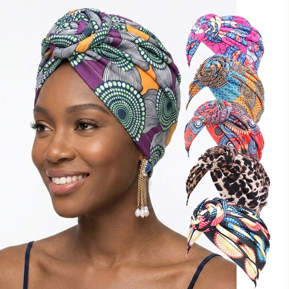 Bonnet Hijab Plissé Style Nœud Torsadé Imprimé Africain Tendance, Turban Élastique Respirant, Foulard Polyvalent Décoratif