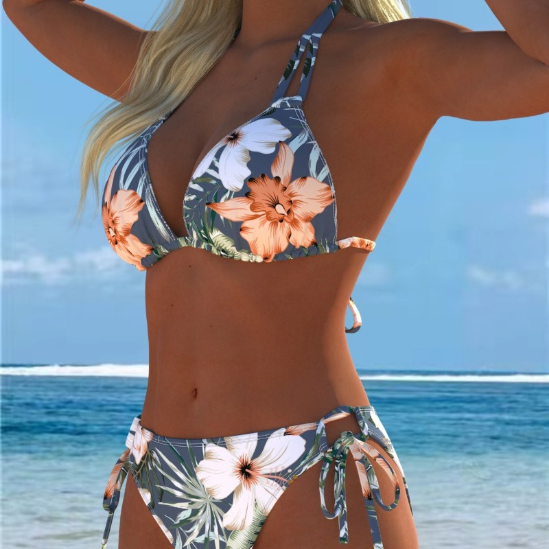 Maillot de bain femme, ensemble deux pièces amincissant à lacets, imprimé floral, pour la plage, collection été élégante