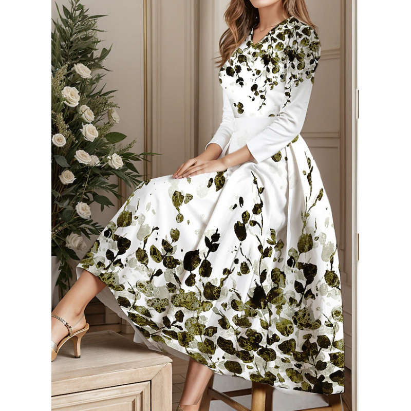 Robes pour femmes 2026 à imprimé floral, col en V, manches trois-quarts, décontractées, coupe évasée mi-mollet, vêtements pour femmes, vestidos
