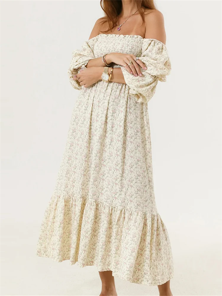 Robe longue à volants à manches bouffantes pour femmes, robe florale vintage, décontractée, bohème, initiée au hors, printemps, automne