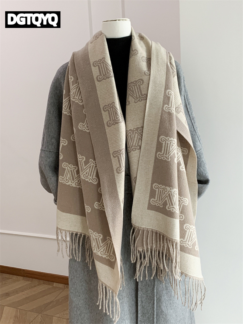 Écharpe douce et chaude Double face pour femme, châle thermique d'hiver, polyvalent et élégant, en Fiber de Polyester, avec lettres de luxe