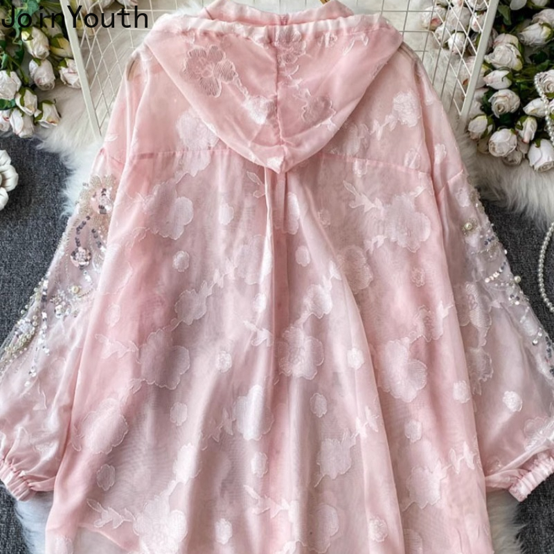 2025 Blusas Mujer De Moda lourd paillettes perles Blouse femmes vêtements à manches longues chemises à capuche amples tempérament hauts femme
