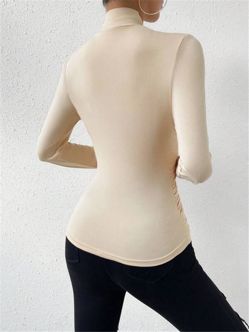 Chemisier élégant de couleur unie pour femmes, col roulé, manches longues, froncé, haut ajusté, chemise décontractée élégante, usage quotidien et Dates romantiques