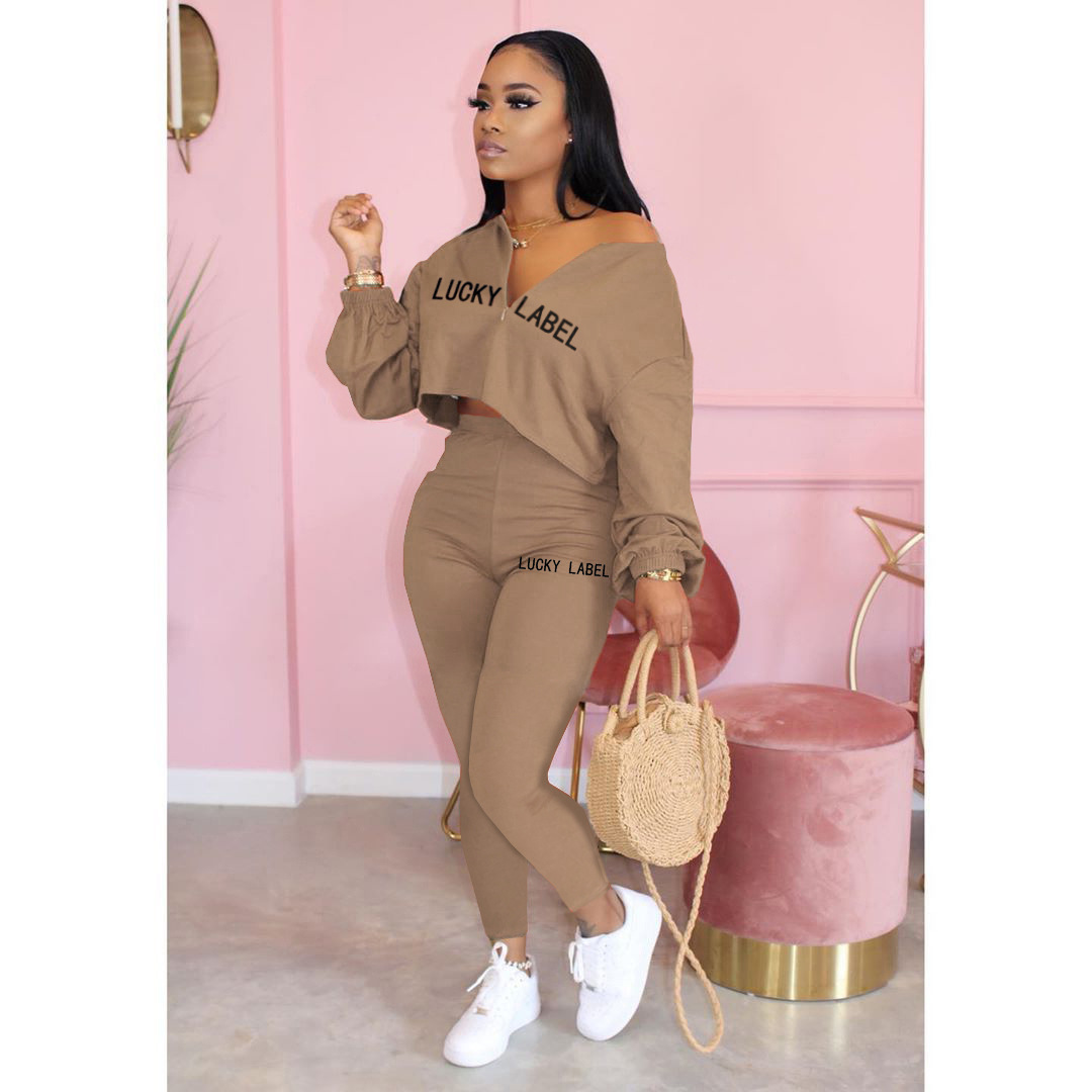 Vêtements de détente décontractés à taille élastique pour femmes, vêtements d'automne, impression de lettres, mode féminine, manches longues, ensemble de 2 pièces, nouveauté, 2021