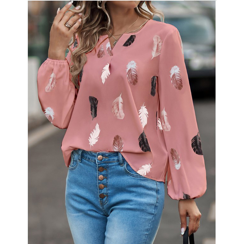 Mode femme Blouse chemises pour femmes haut élégant à manches longues motif de plumes femmes hauts élégant en mousseline de soie Mujer femme vêtements