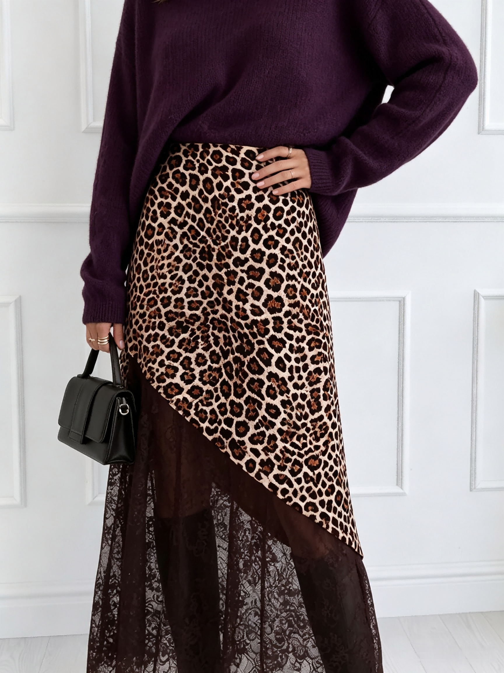 Jupe asymétrique à imprimé léopard pour femmes, taille haute, avec empiècements en dentelle, jupe longue vintage élégante, coupe A-line, longueur midi.