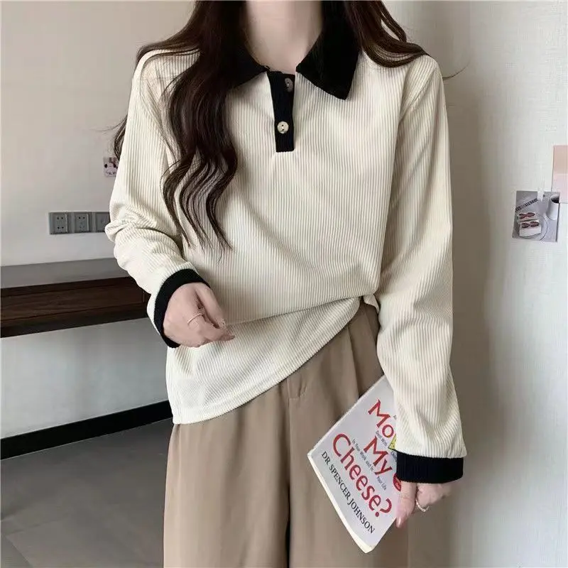 T-shirts décontractés pour femmes, mode coréenne, Style Preppy doux, hauts féminins, manches longues, col rabattu, pulls de base, automne