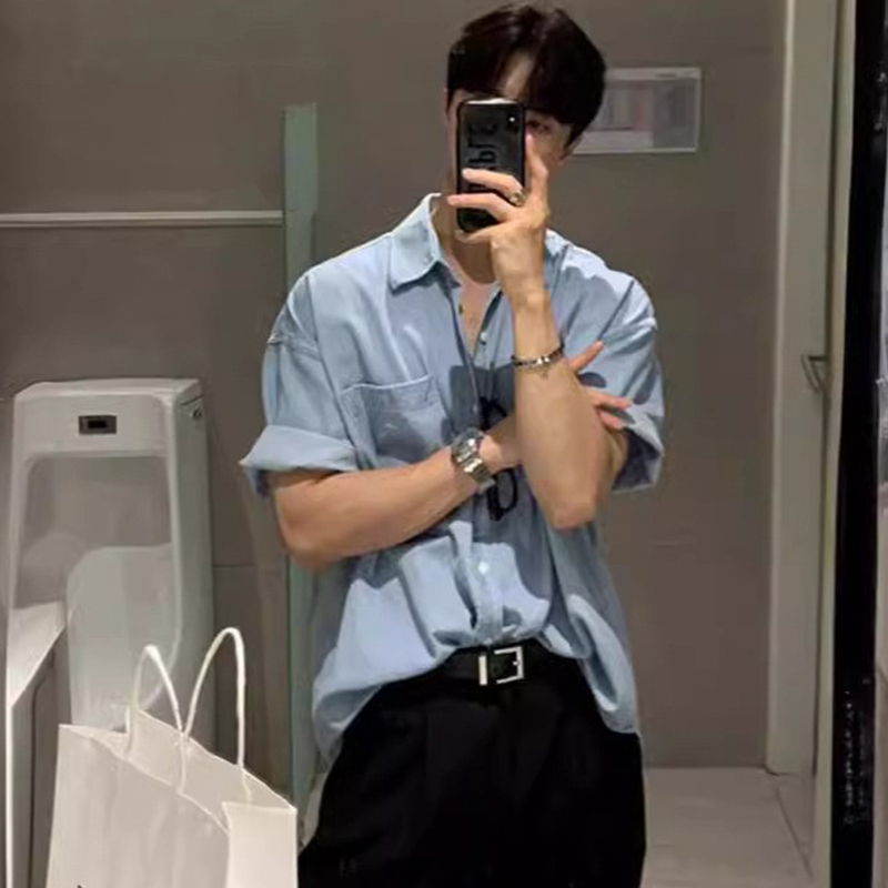 Chemise de poche à manches courtes en denim pour hommes, streetwear populaire coréen, vêtements d'été de luxe, boutonné de loisirs