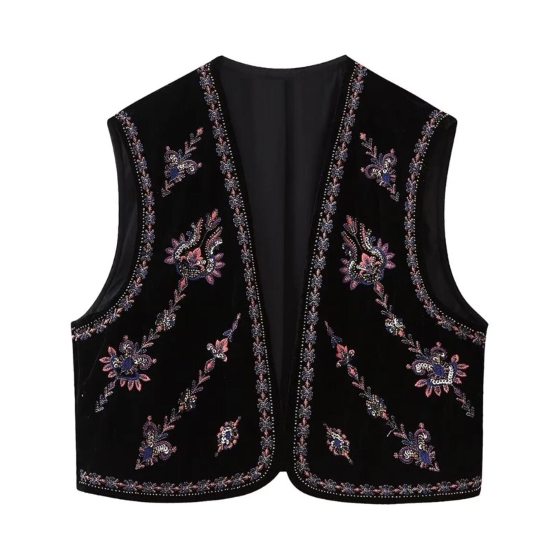 Gilet ouvert en velours pour femme, broderie de fleurs, perles ethniques, paillettes, veste en velours, vacances, 2023