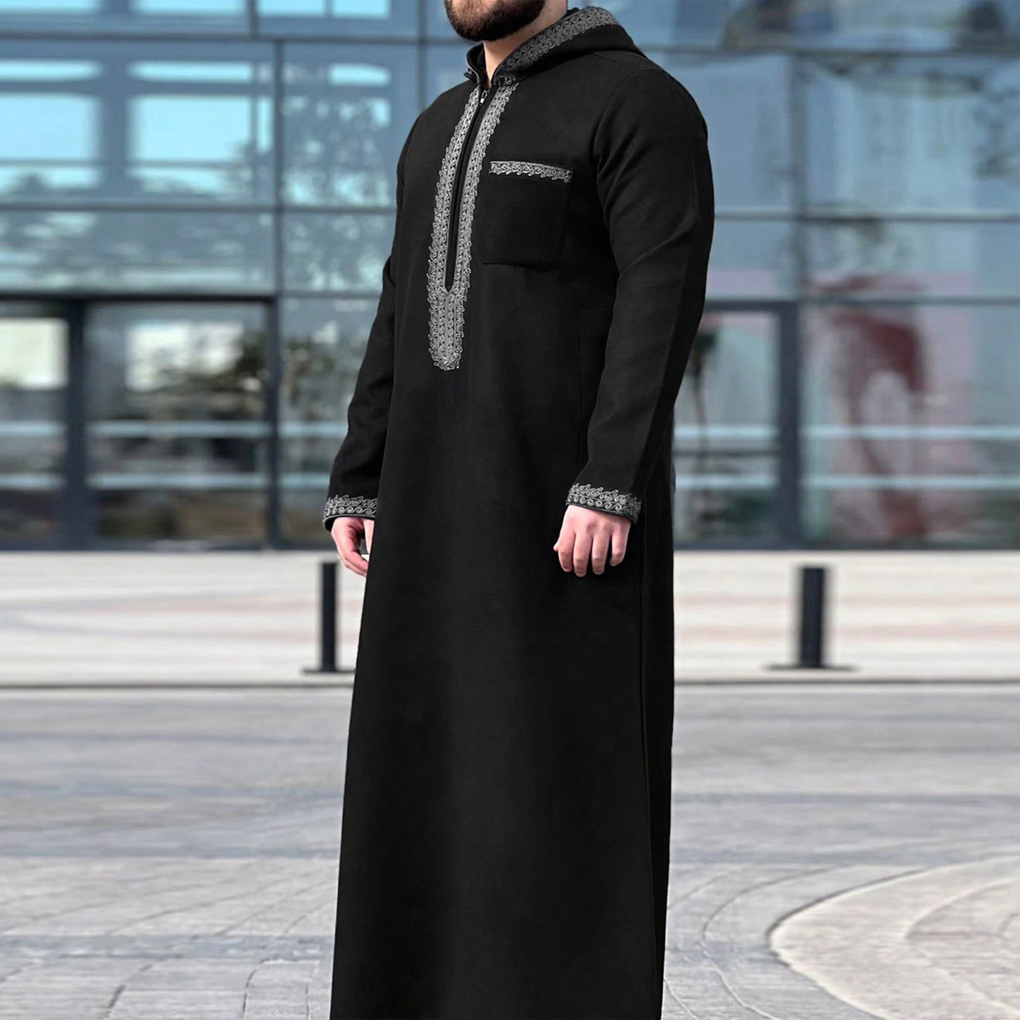 Thobe pour hommes musulmans, à capuche, brodé, à manches longues, ample, djellaba, vêtements islamiques traditionnels pour les fêtes, la prière du Ramadan.