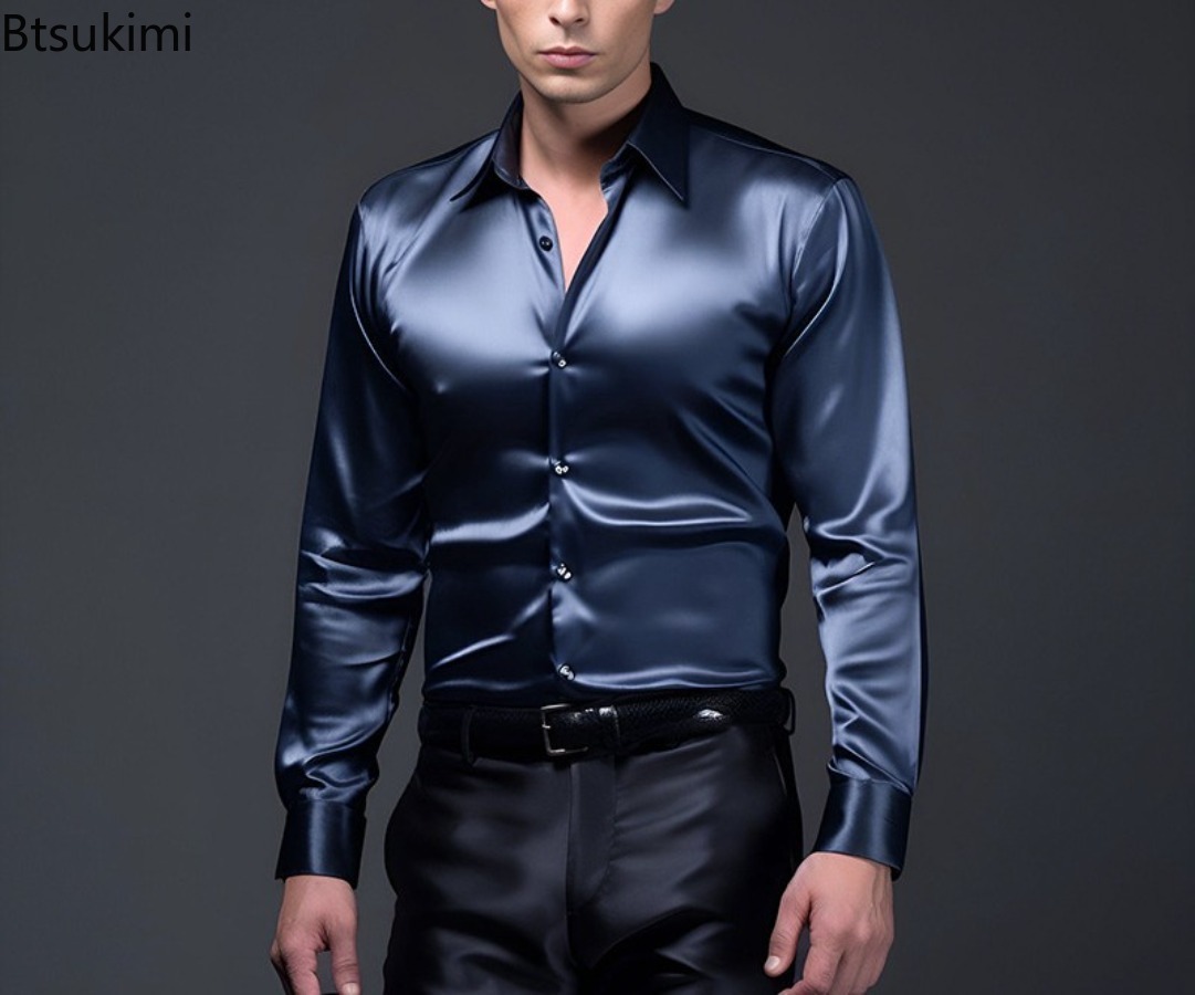 Chemise de luxe en Satin de soie pour hommes, manches longues, décontractée, coupe cintrée, pour bureau d'affaires, élégante, couleur unie, revers, fête de mariage, bal