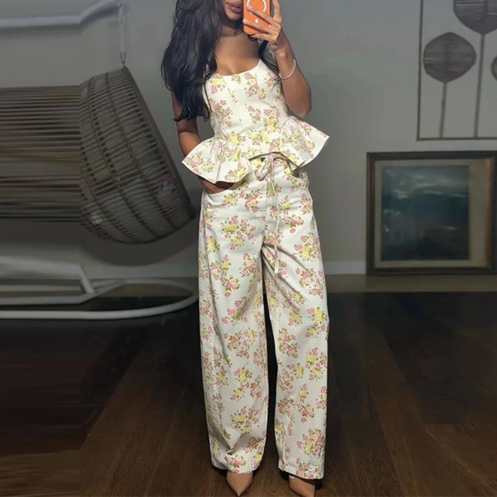 Ensemble pantalon et gilet sans manches pour femme, chic, imprimé floral, avec haut court à volants, sexy et élégant, pantalon large pour les vacances