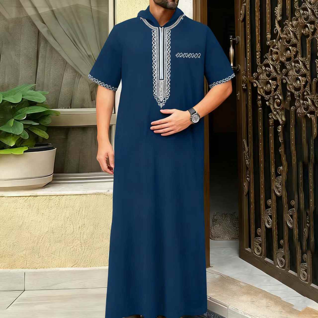 Caftan décontracté ample pour hommes musulmans, manches courtes, brodé, capuche, fermeture éclair, vêtements de Style ethnique islamique, 2025