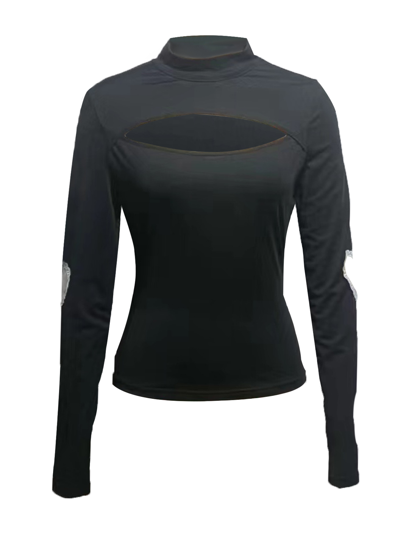 Haut noir à manches longues pour femmes, style décontracté, avec motif en forme de cœur et détails en dentelle, t-shirt Y2K, idéal pour le printemps et l’automne, coupe ajustée, col montant mi-haut, blouse à découpes, pour un usage quotidien.