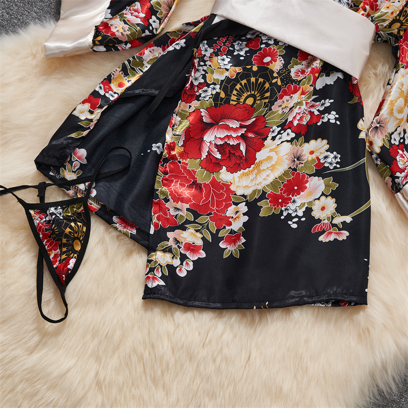 Kimono japonais col en v imprimé fleur nœud taille façonnant Cardigan robe femmes vêtements ample à manches longues Vintage tendance à lacets