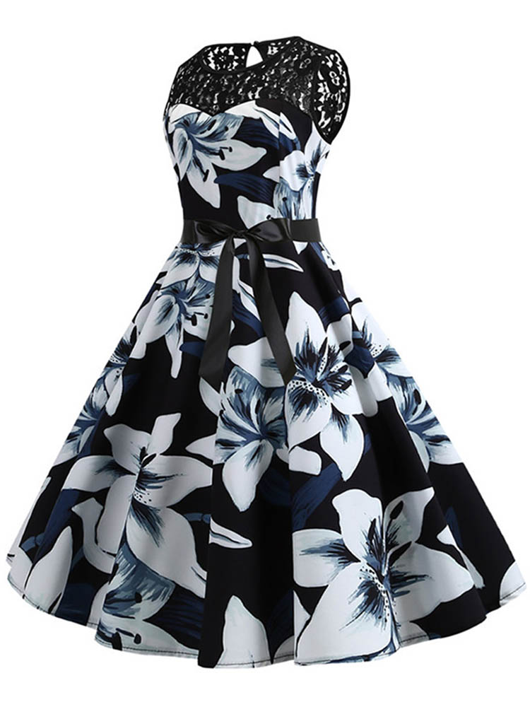 Robe trapèze en dentelle à imprimé floral pour femmes, robe de soirée vintage, tunique décontractée, robe de bureau pour dames, été
