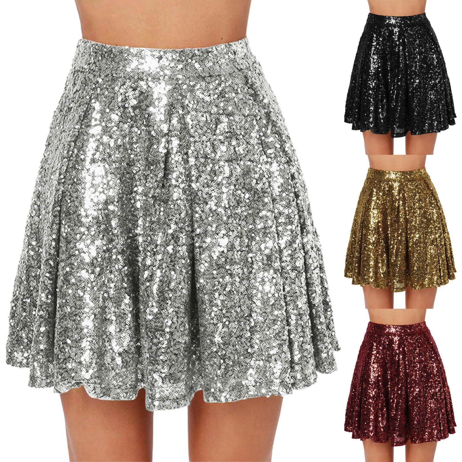Jupes à paillettes scintillantes femmes Rave Party paillettes brillant taille haute jupe fluide plissée a-ligne jupes Costumes de carnaval Faldas Mujer